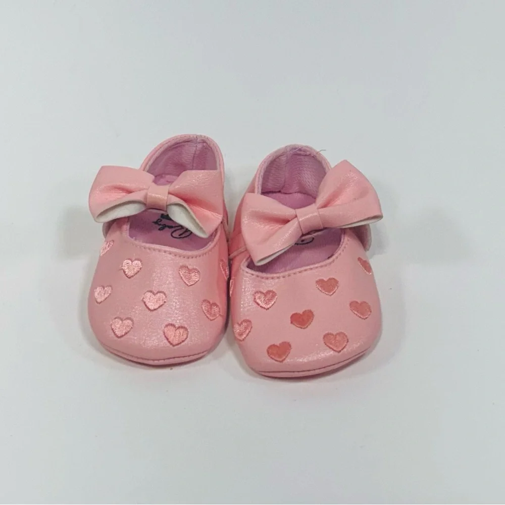 Pink Baby Shoes with Bow & Hearts (Size 6-12 Months)